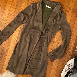 Olive Green Silky Tie Waist Shirt Dress